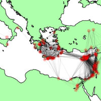Visualization of a potential Late Bronze Age network with nodes representing sites with identifiable imports to/from Crete and mainland Greece during the Late Bronze Age (c. 1450-1200 BCE). The edges indicate the potential for interaction between all nodes in the network based on a 550 km distance threshold. Image by Paula Gheorghiade and Henry Price.
