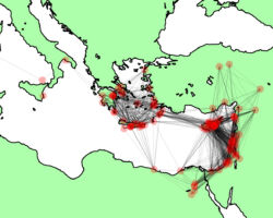 Visualization of a potential Late Bronze Age network with nodes representing sites with identifiable imports to/from Crete and mainland Greece during the Late Bronze Age (c. 1450-1200 BCE). The edges indicate the potential for interaction between all nodes in the network based on a 550 km distance threshold. Image by Paula Gheorghiade and Henry Price.
