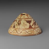 http://www.metmuseum.org/art/collection/search/251362 Greek, Corinthian, Terracotta conical lekythos (vase for oil), ca. 700 BCE, Terracotta, H. 3 5/8 in. (9.2 cm) diameter 6 7/16 in. (16.4 cm). The Metropolitan Museum of Art, New York. Rogers Fund, 1923 (23.160.18)diameter  6 7/16 in. (16.4 cm). The Metropolitan Museum of Art, New York. Rogers Fund, 1923 (23.160.18)