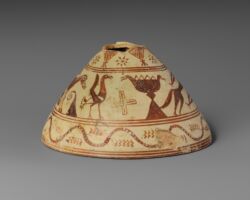 http://www.metmuseum.org/art/collection/search/251362 Greek, Corinthian, Terracotta conical lekythos (vase for oil), ca. 700 BCE, Terracotta, H. 3 5/8 in. (9.2 cm) diameter 6 7/16 in. (16.4 cm). The Metropolitan Museum of Art, New York. Rogers Fund, 1923 (23.160.18)diameter  6 7/16 in. (16.4 cm). The Metropolitan Museum of Art, New York. Rogers Fund, 1923 (23.160.18)