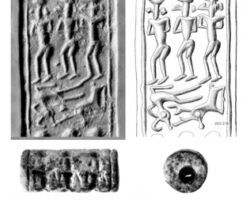 Mitannian cylinder seal (bottom), its modern impression (top left) and drawing (top right). Tomb 3, Mitopolis, Achaea (Greece). Late Helladic IIIA1 (ca. 1400 BCE).  Sintered Quartz. Height 2.2 cm; diameter 1.02 cm. Archaeological Museum of Patras. CMS VS3 276.