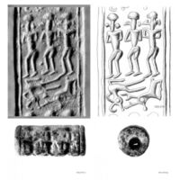 Mitannian cylinder seal (bottom), its modern impression (top left) and drawing (top right). Tomb 3, Mitopolis, Achaea (Greece). Late Helladic IIIA1 (ca. 1400 BCE).  Sintered Quartz. Height 2.2 cm; diameter 1.02 cm. Archaeological Museum of Patras. CMS VS3 276.