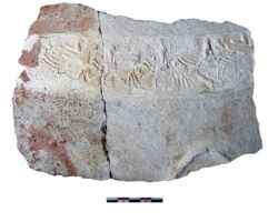 Pithos fragment bearing a cylinder-seal frieze in relief depicting a chariot-hunting scene. Maa-Palaeokastro (Cyprus). Late Cypriot IIC/Late Cypriot IIIA period (end of 13th/early 12th centuries BCE).
Photograph by Artemis Georgiou, reproduced by permission of the Director of the Department of Antiquities,Cyprus.