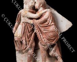 A panel from the painted Nikomedia frieze showing co-emperors Diocletian and Maximian embracing. Nikomedia (Turkey). 3rd c. CE.