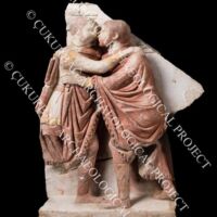 A panel from the painted Nikomedia frieze showing co-emperors Diocletian and Maximian embracing. Nikomedia (Turkey). 3rd c. CE.